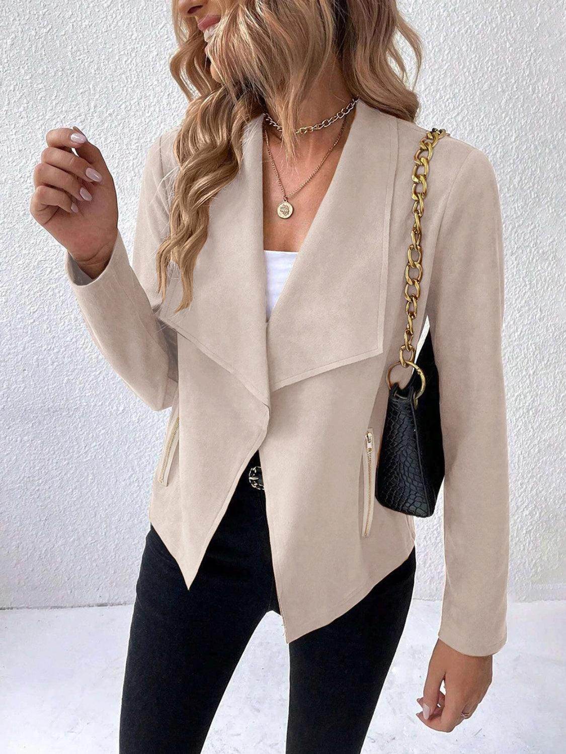 Collared Neck Long Sleeve Jacket for Everyday Wear - Selvanelle