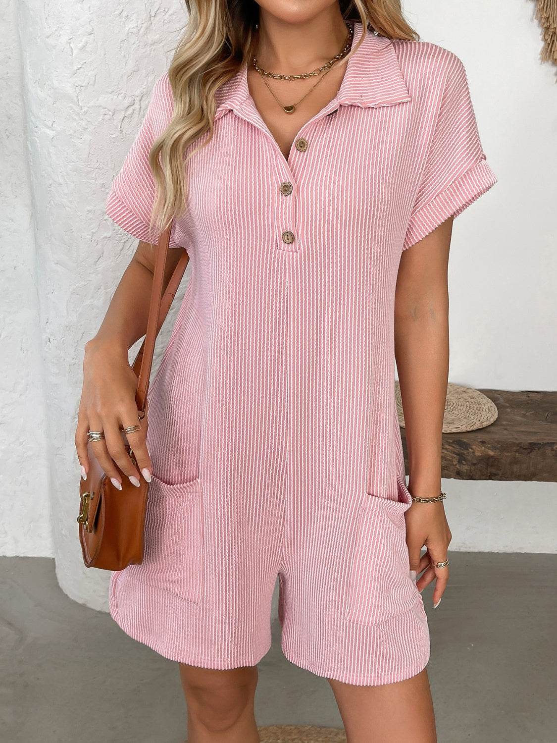 Button Detail Collared Neck Short Sleeve Romper - Selvanelle