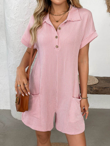 Button Detail Collared Neck Short Sleeve Romper - Selvanelle
