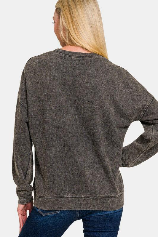 Zenana Washed Round Neck Dropped Shoulder Sweatshirt for Women