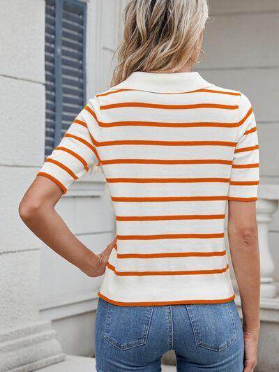 Striped Johnny Collar Short Sleeve Sweater for Women - Selvanelle