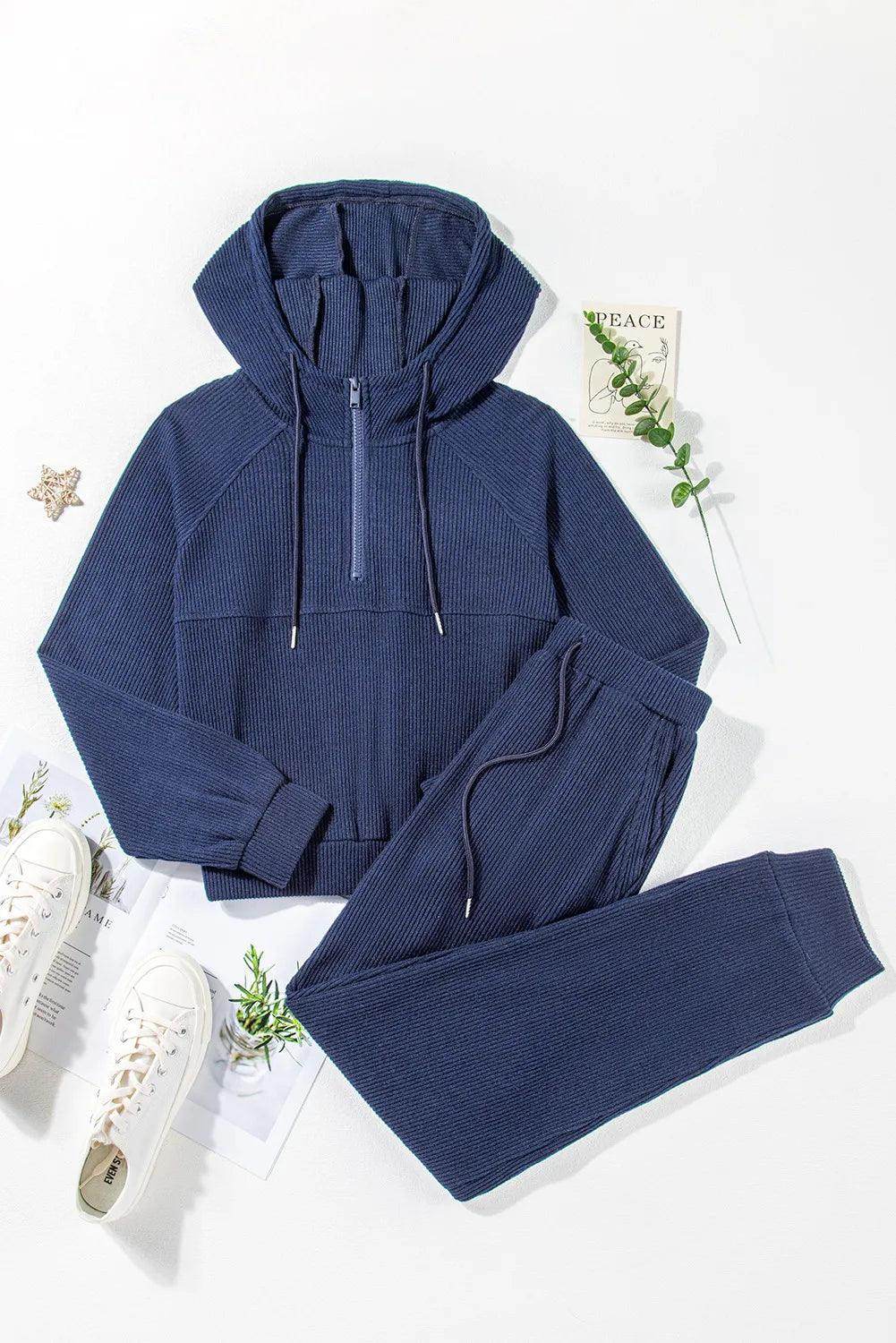 Drawstring Half Zip Hoodie and Joggers Active Set for Women - Selvanelle