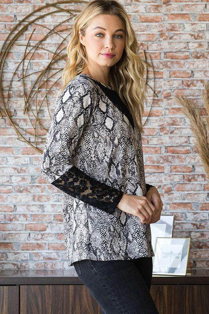 Heimish Full Size Snakeskin Print Round Neck Lace Top - Selvanelle
