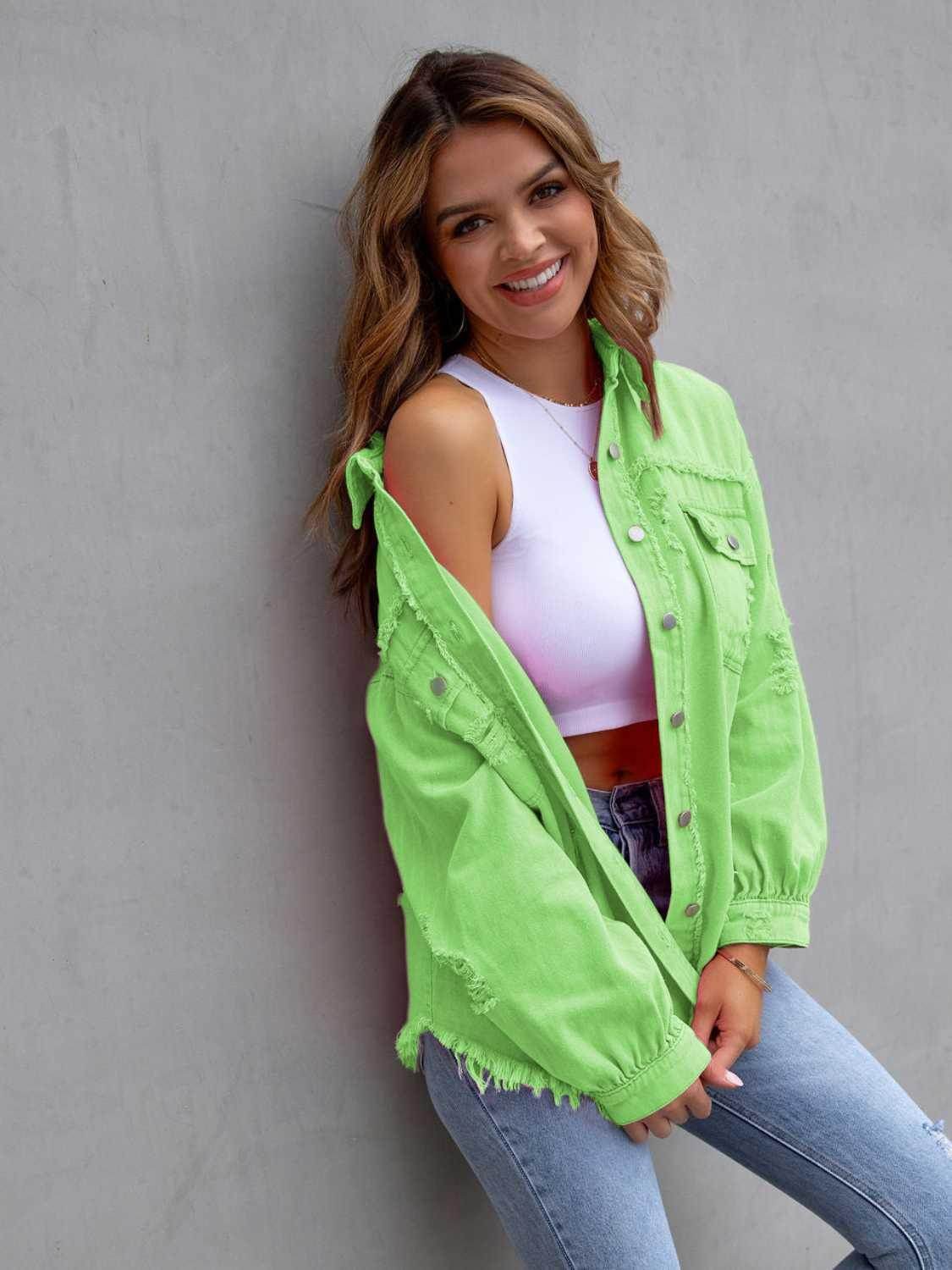 Distressed Drop Shoulder Denim Jacket for Casual Style - Selvanelle