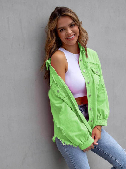 Distressed Drop Shoulder Denim Jacket for Casual Style - Selvanelle