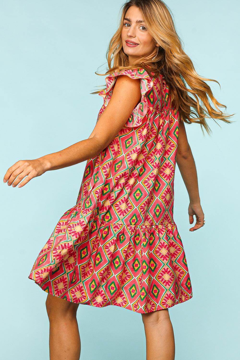 Haptics Full Size Ruffled Printed Dress with Side Pockets - Selvanelle