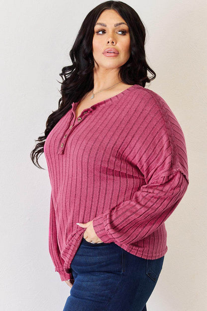Basic Bae Full Size Ribbed Half Button Long Sleeve T-Shirt - Selvanelle