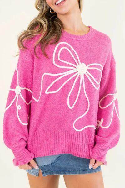 Bow Round Neck Dropped Shoulder Sweater for Women - Selvanelle