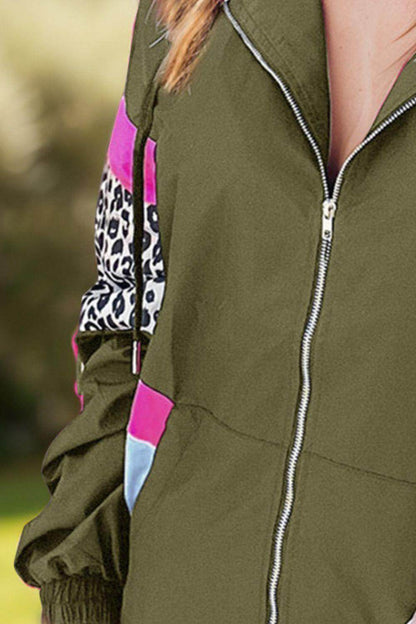 Leopard Zip Up Long Sleeve Hooded Jacket for Women - Selvanelle