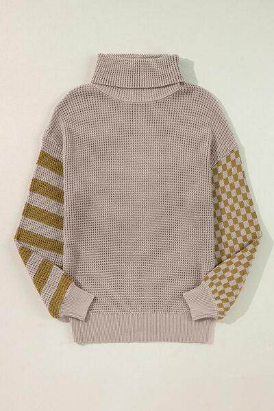 Striped & Checkered Turtleneck Dropped Shoulder Sweater - Selvanelle