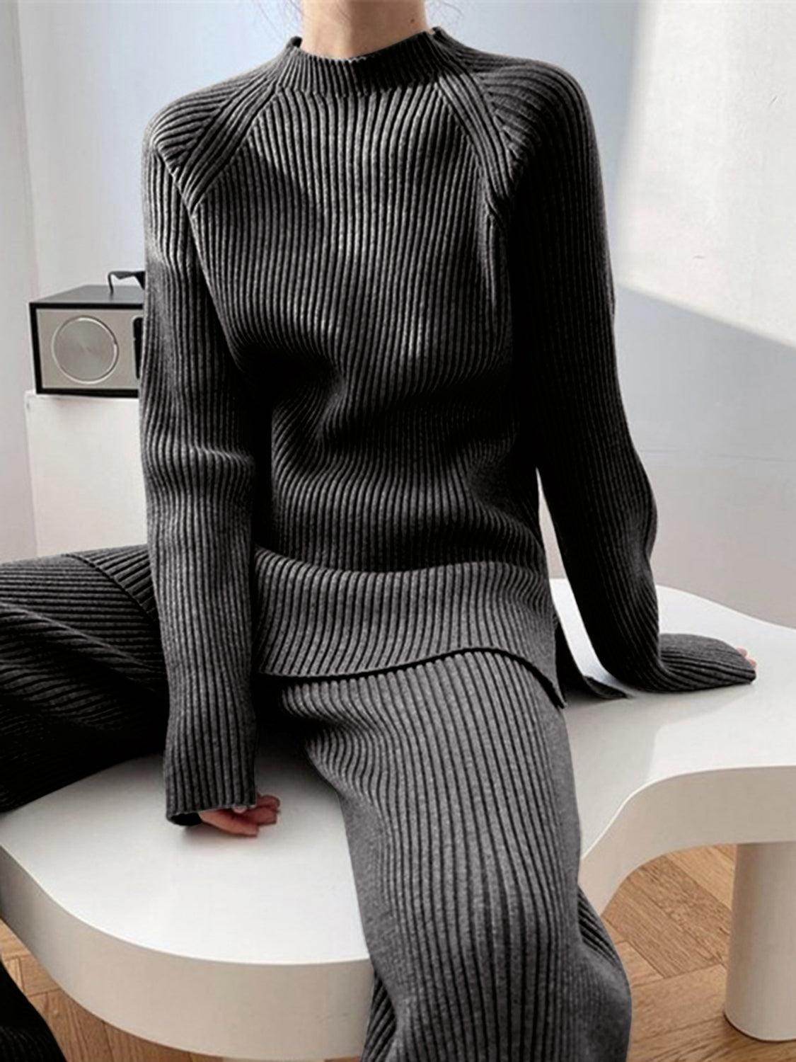 Mock Neck Raglan Sleeve Top and Pants Sweater Set for Women - Selvanelle