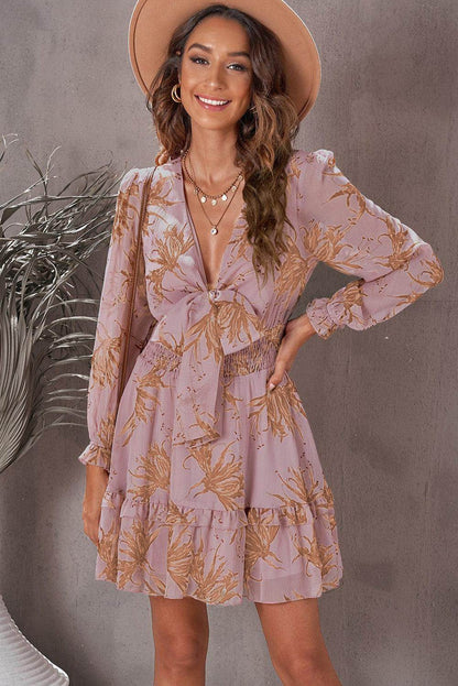 Floral Deep V Flounce Sleeve Mini Dress for Casual Chic - Selvanelle
