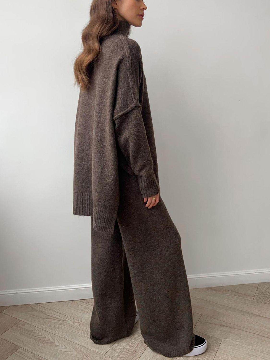 Slit Turtleneck Long Sleeve Top and Pants Sweater Set Outfit - Selvanelle