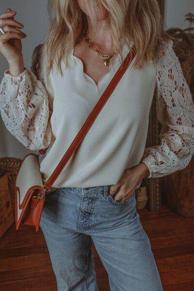 V Neck Lace Balloon Sleeve Blouse for Stylish Women - Selvanelle