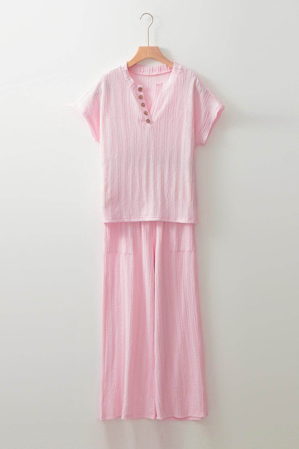 Textured Short Sleeve Top and Pocketed Wide Leg Pants Set - Selvanelle