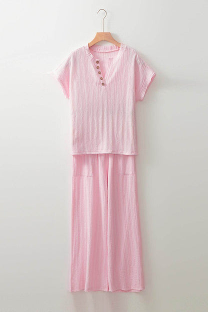 Textured Short Sleeve Top and Pocketed Wide Leg Pants Set - Selvanelle