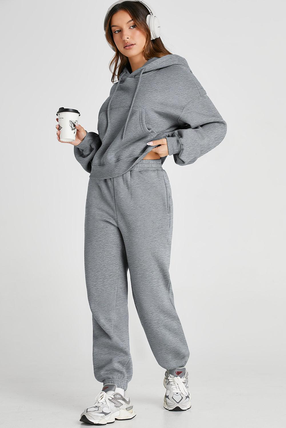 Dropped Shoulder Hooded Top and Pants Active Set for Women