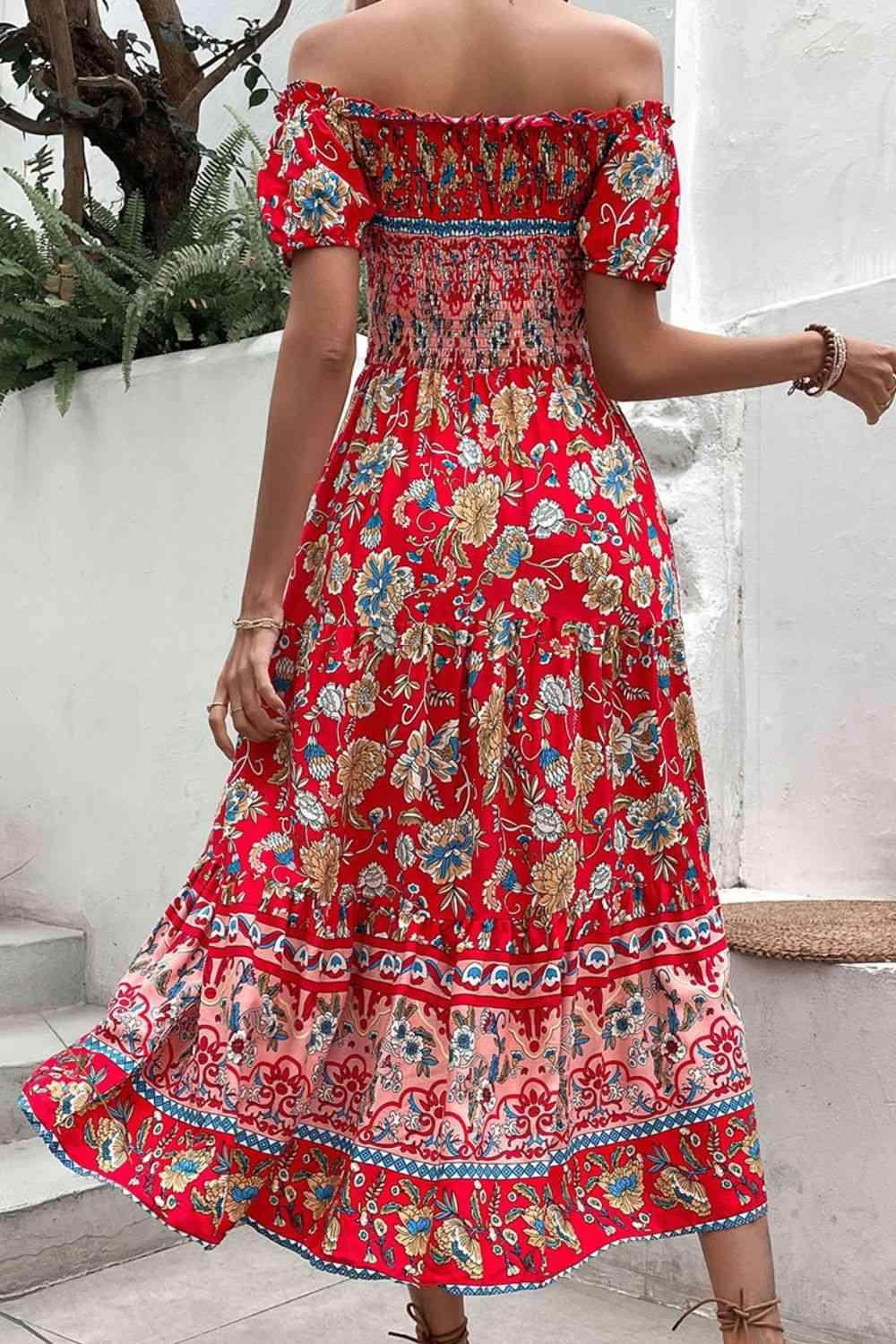 Perfee Floral Off-Shoulder Smocked Midi Dress for Women - Selvanelle