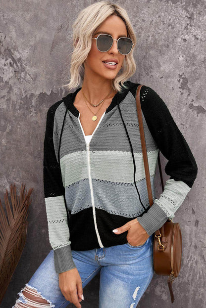 Zip-Up Raglan Sleeve Openwork Hooded Cardigan for Women - Selvanelle