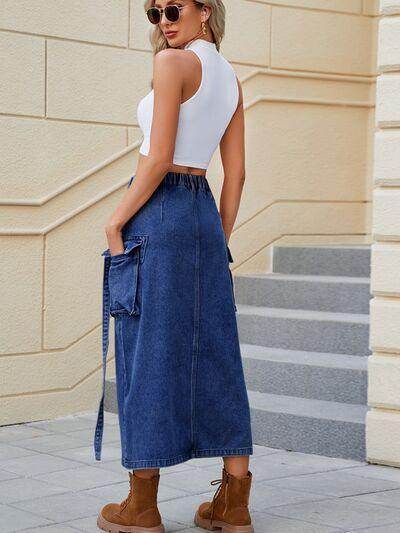 Slit Pocketed High Waist Denim Skirt for Women - Selvanelle