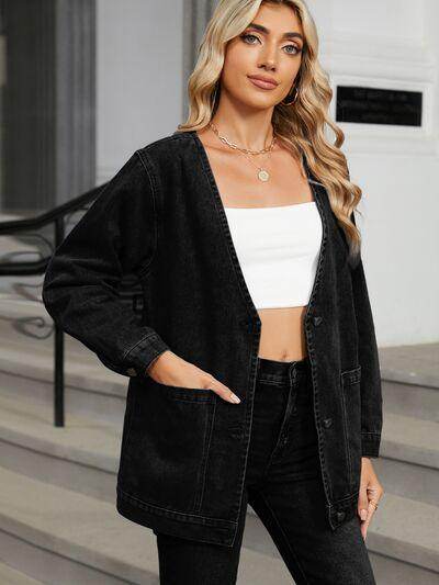 Pocketed V-Neck Button Up Denim Jacket for Stylish Looks - Selvanelle