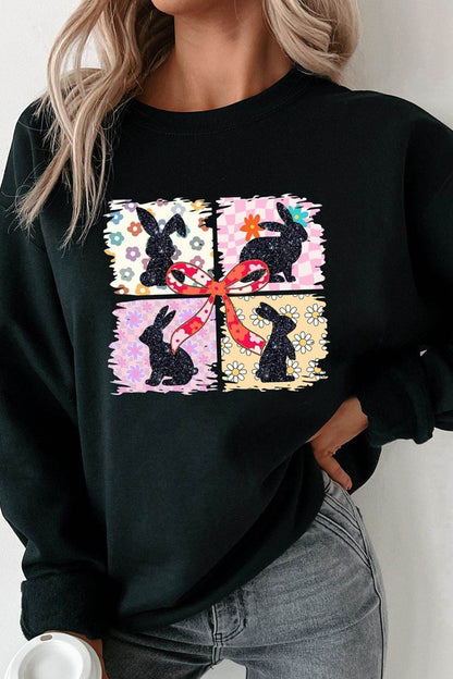 Floral Bunny Plaid Bow Graphic Easter Sweatshirt - Selvanelle