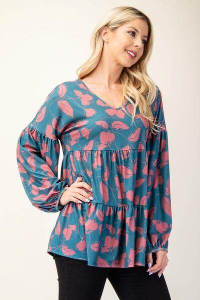 Celeste Full Size Tiered Floral V-Neck Long Sleeve Blouse - Selvanelle