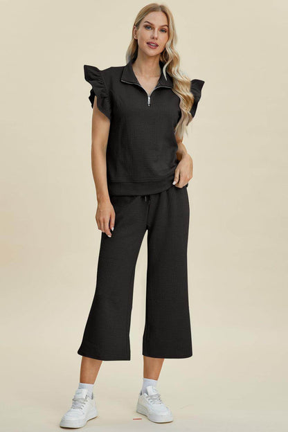 Double Take Full Size Texture Ruffle Top and Pants Set - Selvanelle
