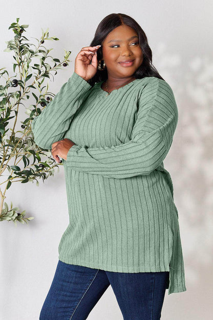 Basic Bae Full Size Ribbed Round Neck Long Sleeve Slit Top - Selvanelle