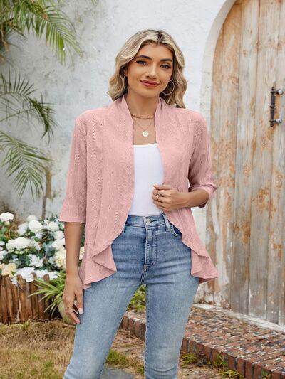 Eyelet Open Front Three-Quarter Sleeve Top for Women - Selvanelle