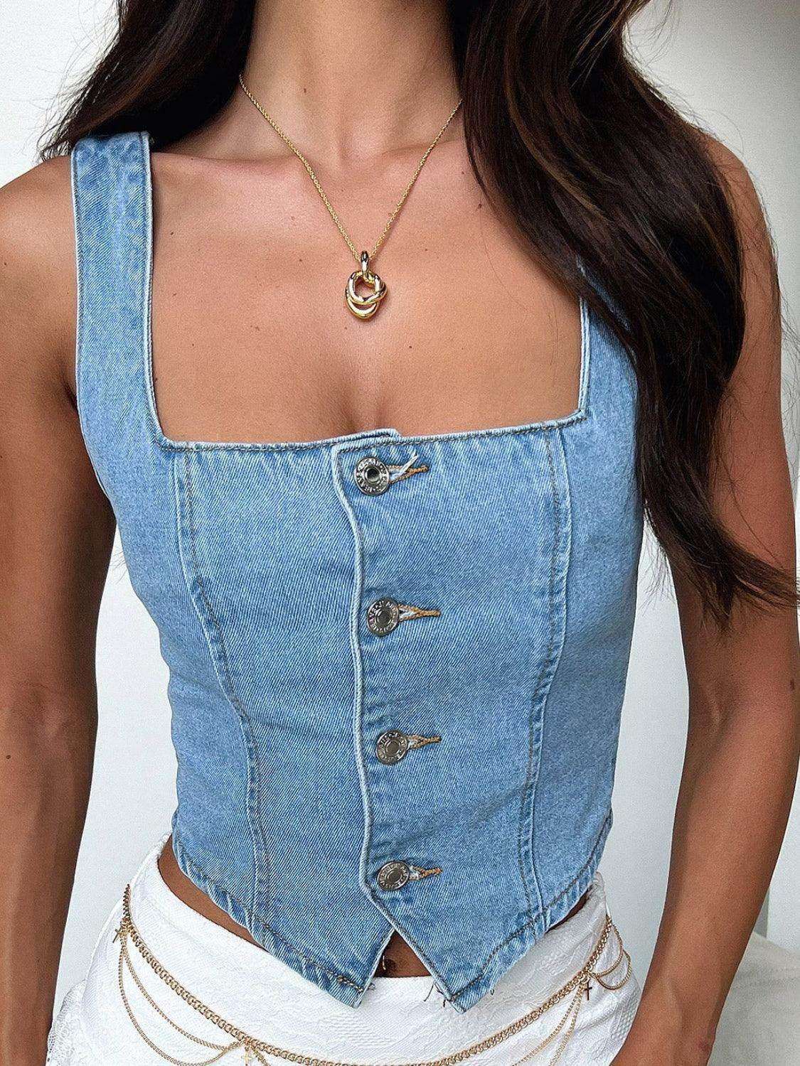 Smocked Square Neck Denim Top for Casual Stylish Wear - Selvanelle