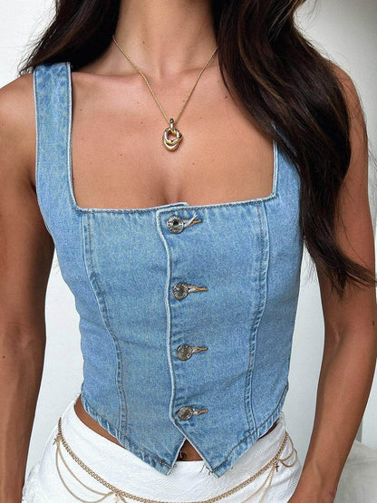 Smocked Square Neck Denim Top for Casual Stylish Wear - Selvanelle