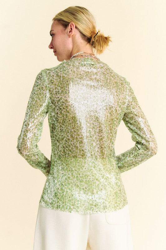 Davi & Dani Sequin Mock Neck Long Sleeve Mesh Top Glam