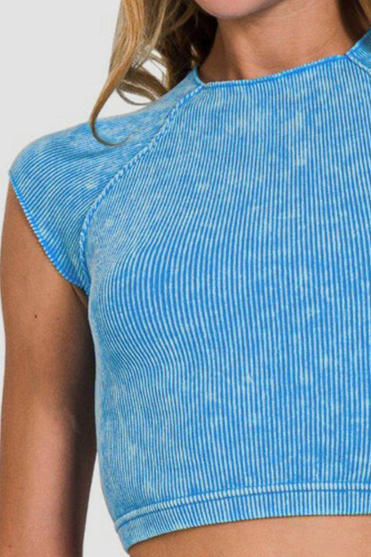 Zenana Ribbed Round Neck Cropped Top for Stylish Outfits - Selvanelle