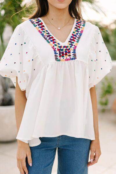 Printed V-Neck Puff Sleeve Top for Effortless Style - Selvanelle