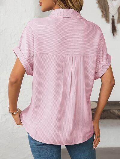Mandy Pocketed Striped Collared Neck Short Sleeve Shirt - Selvanelle
