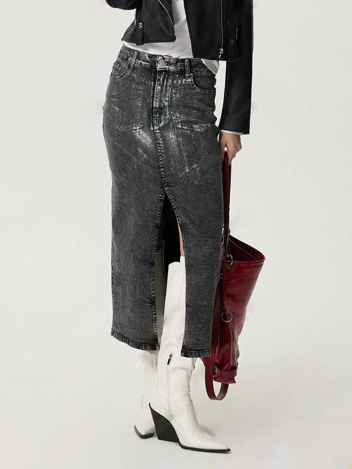 Slit Midi Denim Skirt with Pockets for Effortless Style