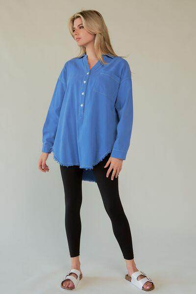 Davi & Dani Letter Back Raw Hem Half Button Shirt Chic - Selvanelle