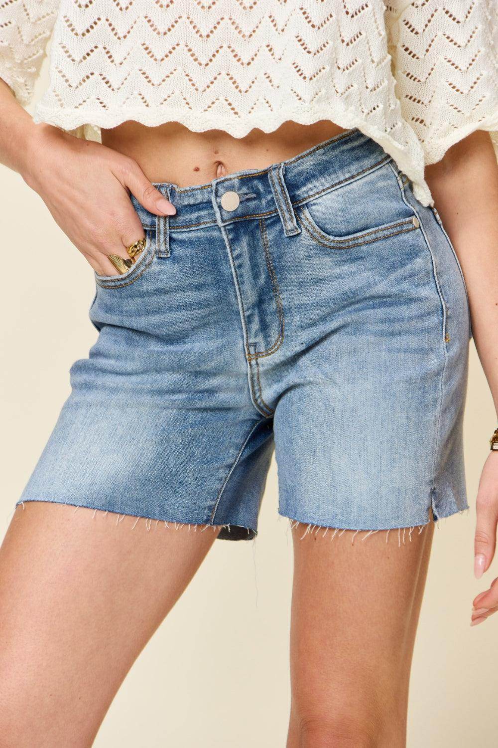 Judy Blue Full Size High Waist Raw Hem Denim Shorts for Women - Selvanelle