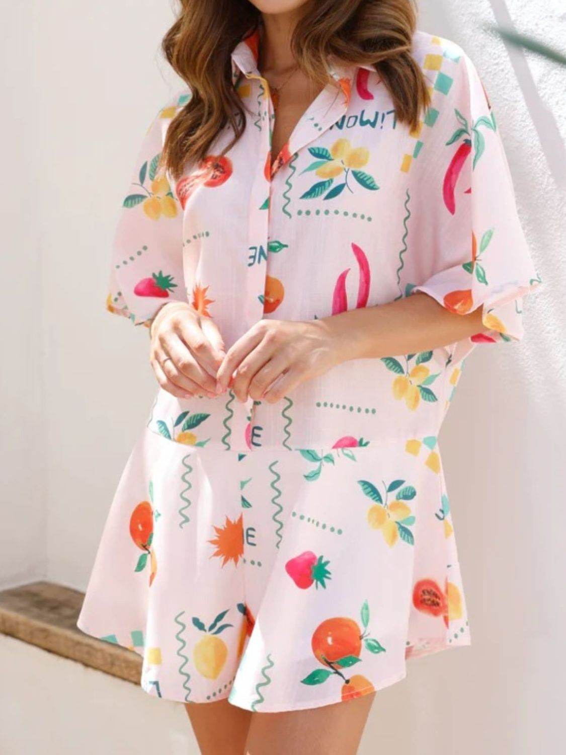 Printed Collared Neck Half Sleeve Romper - Selvanelle