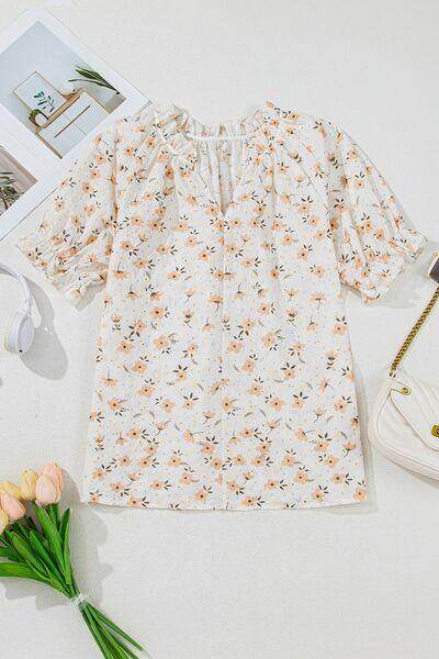 Frill Printed Notched Short Sleeve Blouse for Women - Selvanelle