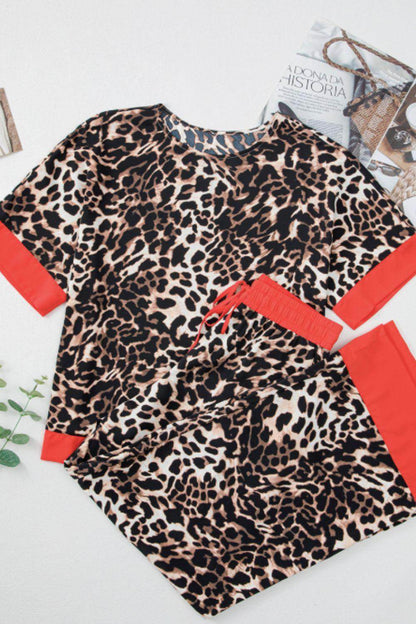 Contrast Trim Leopard Round Neck Top and Pants Lounge Set - Selvanelle