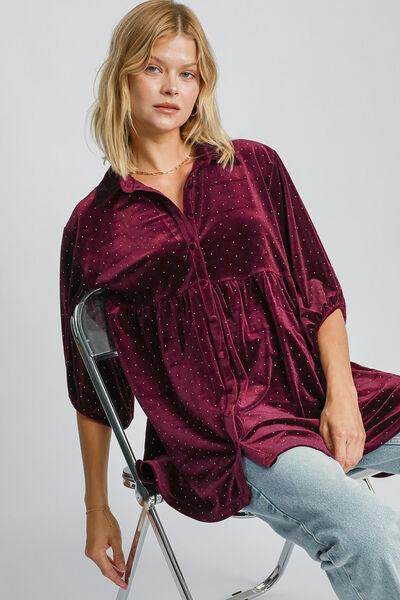 Umgee Full Size Polka Dot Button Up Half Sleeve Shirt - Selvanelle