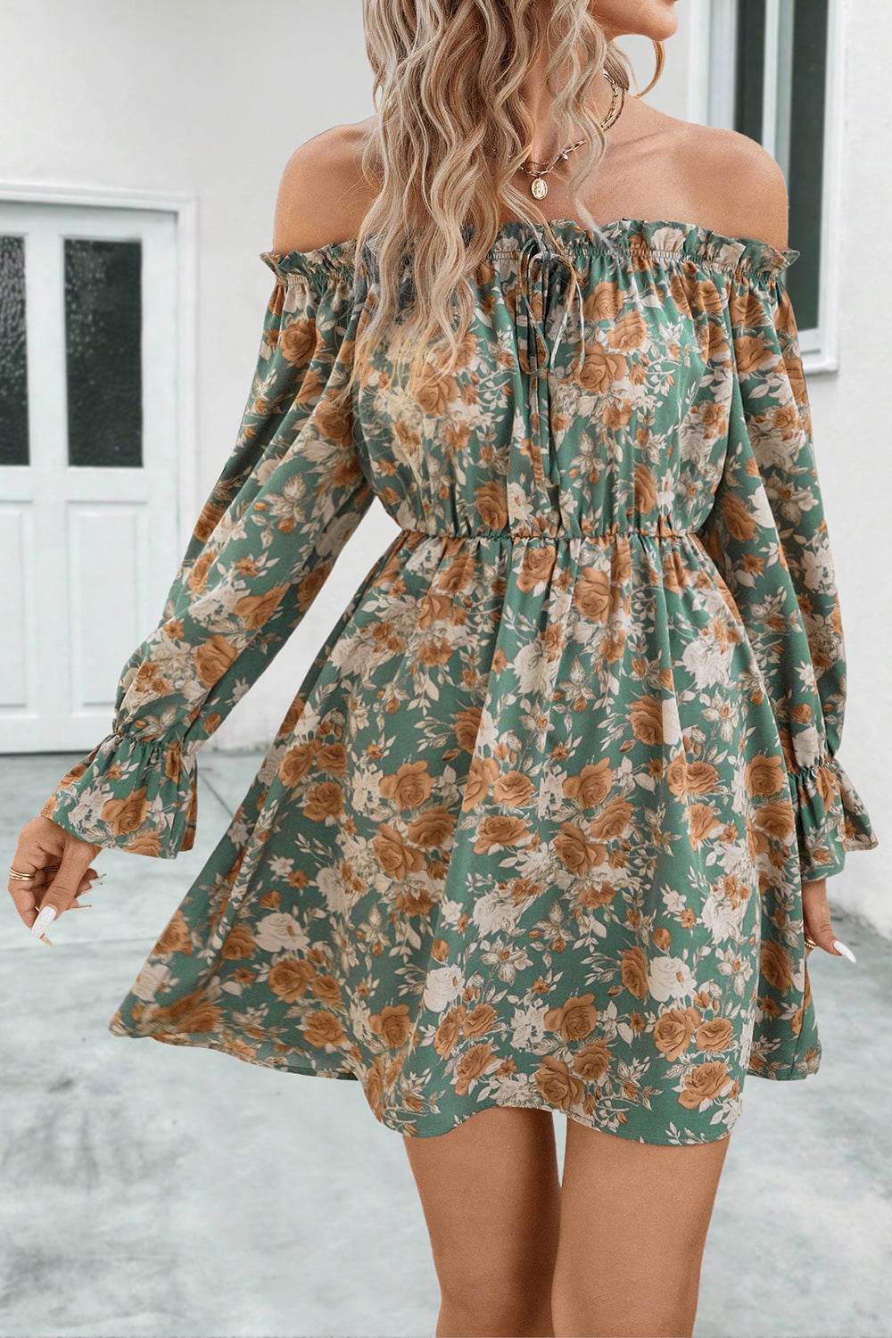 Floral Off-Shoulder Flounce Sleeve Dress - Selvanelle