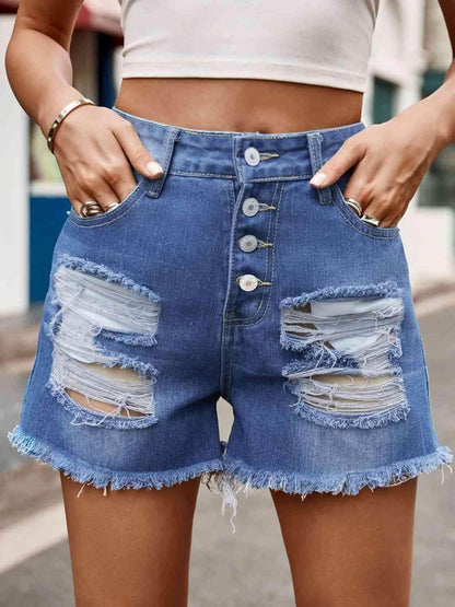 Raw Hem Denim Shorts with Pockets for Casual Style - Selvanelle