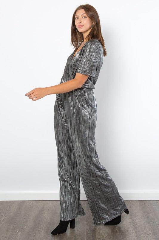 Be Stage Surplice Short Sleeve Pleated Foil Jumpsuit Stylish - Selvanelle