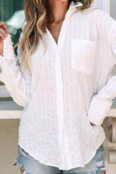 Texture Collared Neck Long Sleeve Shirt for Women - Selvanelle