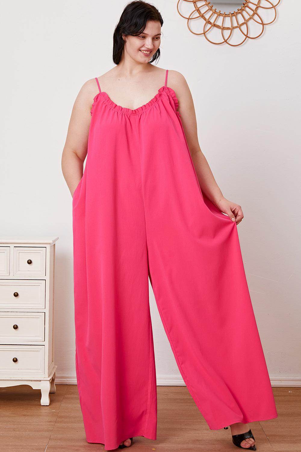 Double Take Full Size Ruffle Trim Tie Back Cami Jumpsuit - Selvanelle