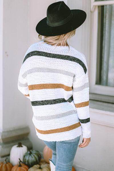 Striped Round Neck Dropped Shoulder Sweater for Women - Selvanelle