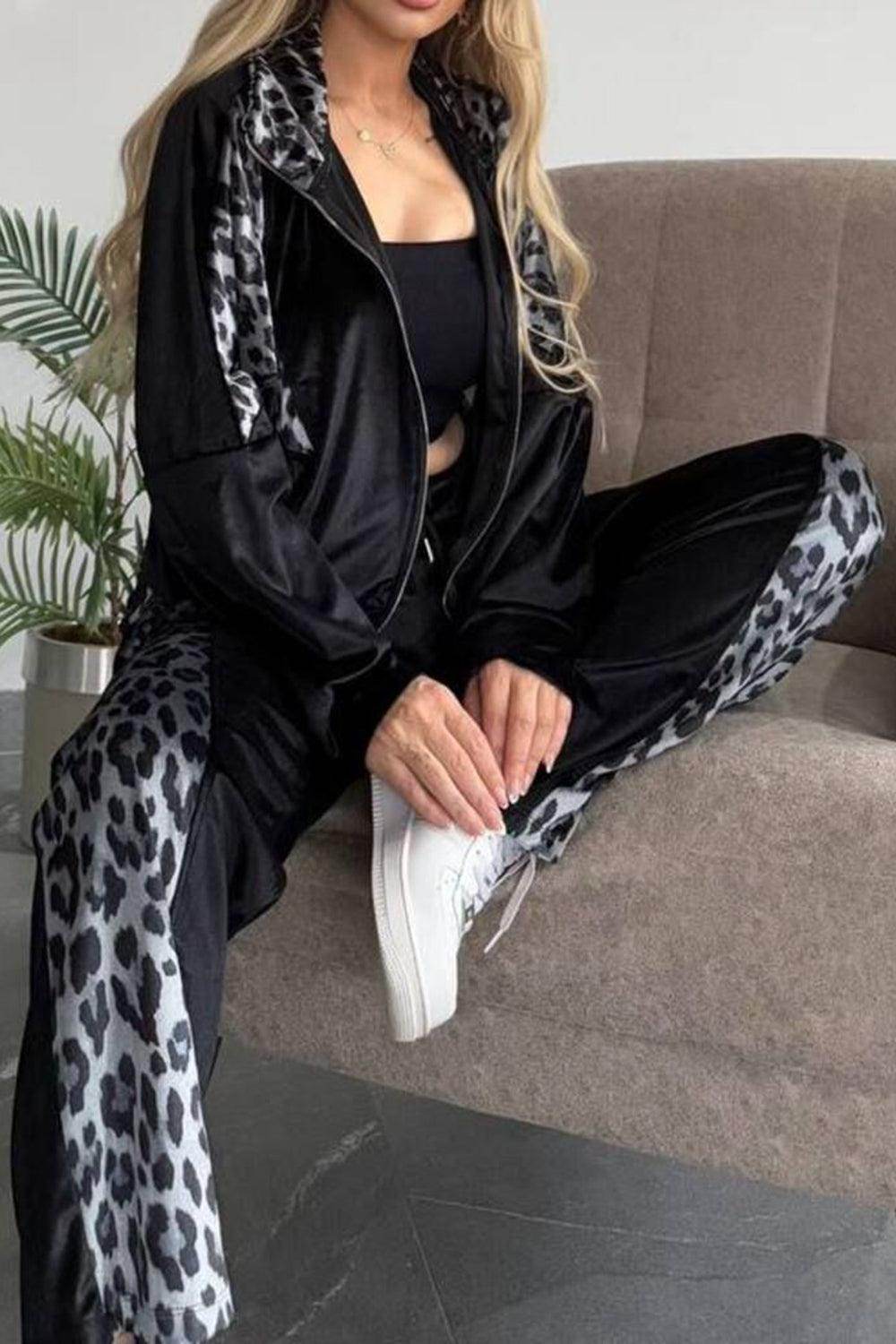 Full Size Collared Neck Leopard Zip Up Top and Pants Set Plus Size - Selvanelle